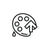 Black and white icon of a paint palette with an arrow on a white background