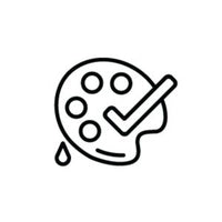 Black line art of a paint palette with a check mark on a white background