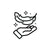 Black line icon of a hand holding a feather on a white background