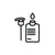 Black and white icon of a bottle with a pump and a label on a white background